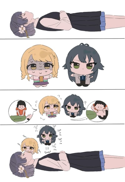 这是一幅粉丝创作的四格卡通漫画，原型是《BanG Dream! It's MyGO!!!!!》的角色：
1. 第一格：椎名立希躺倒在地，失去意识；
2. 第二格：Q版的长崎爽世（金发）和高松灯（黑发）出现，爽世紧张冒汗，灯表情严肃；
3. 第三格：两人脑中浮现不同的急救画面，爽世想的是标准的心肺复苏按压胸口，灯想的却是把人翻过来按后背的错误操作；
4. 第四格：两人实际操作，爽世按在立希的胸口，灯在一旁紧张冒汗，完全是错误的急救方式，制造出搞笑的反差效果。