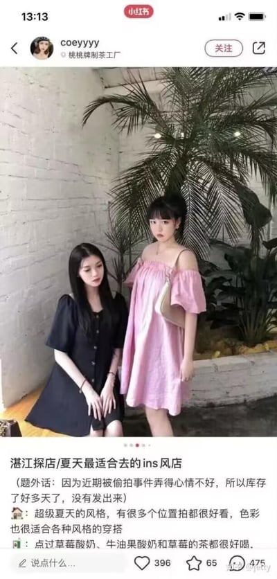 这是一篇小红书平台的湛江探店笔记，图中两位女生身着简约的黑色和粉色连衣裙，在一家充满夏日感的ins风店铺内拍照打卡，店铺背景有热带植物，风格清新出片。笔记正文介绍了店铺风格适合各种穿搭拍照，还推荐了店内的草莓酸奶、牛油果酸奶等饮品，作者额外提到因为近期遭遇偷拍事件心情不佳，这条库存了多天的笔记才发布。内容无谐音梗、双关或暗示类表述。