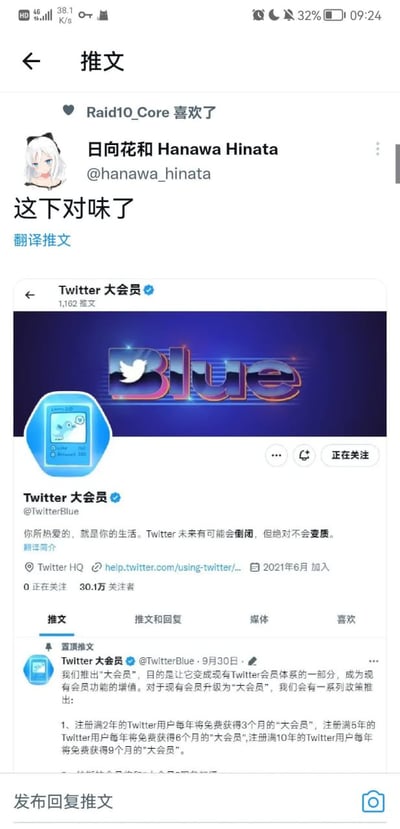 该图片为Twitter社交媒体截图，展示了用户“日向花和 Hanawa Hinata”（@hanaawa_hinata）对官方账号“Twitter Blue”（Twitter大会员）置顶推文的互动场景。截图中可见用户头像为白发动漫风格角色，其转发并评论“这下对味了”表达对会员服务调整的认同。下方嵌套的Twitter大会员推文包含蓝色渐变背景的“Blue”logo，正文宣布将现有会员升级为“大会员”，并依据用户注册年限提供不同时长的免费会员福利（2年3个月、5年6个月、10年9个月）。界面同时显示账号基本信息：2021年6月加入、30.1万关注者及置顶推文标识。