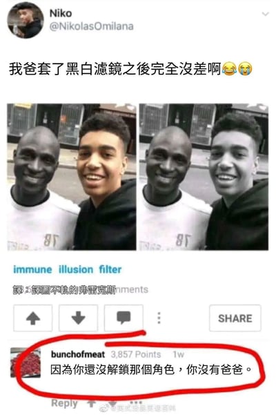 这是一张整合了Twitter推文与Reddit评论的社交媒体截图，上方是Twitter用户Niko（@NikolasOmilana）发布的内容，配文称自己的黑人父亲在套用黑白滤镜后和原图几乎没有差别，还附上了彩色原图与黑白滤镜图的左右对比，由于父亲肤色极深，黑白滤镜对其外观几乎没有影响，对比效果极具笑点。下方是Reddit平台的评论区，用户bunchofmeat的评论获得3857个点赞，用游戏中“解锁角色”的梗吐槽“因为你还没解锁那个角色，你没有爸爸”，内容扎心又搞笑，被红圈重点标注。图片底部带有微博账号“英式没品笑话百科”的水印，说明该内容被该账号转发分享。