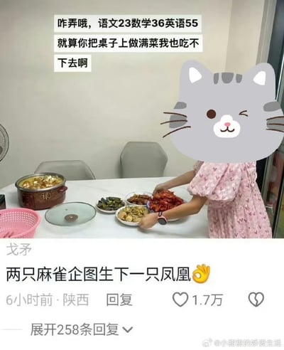 图片展示一位家长为孩子准备了满桌菜肴，但孩子刚考完试成绩非常差（语文23分、数学36分、英语55分），配文表明孩子即使桌上有满汉全席也吃不下。这表达了成绩带来的失落感和家庭教育的无奈。图片下方的评论用“两只麻雀企图生下一只凤凰”自嘲父母普通却望子成龙的心理，表达了幽默又扎心的家庭教育现实。整体气氛既带苦涩（分数低）、也有自嘲式幽默。

“麻雀”与“凤凰”隐喻家庭条件与理想期待，有典型网络谐音/双关用法。图片还配有社交平台水印及点赞评论信息，属于典型家庭/教育吐槽类表情包。