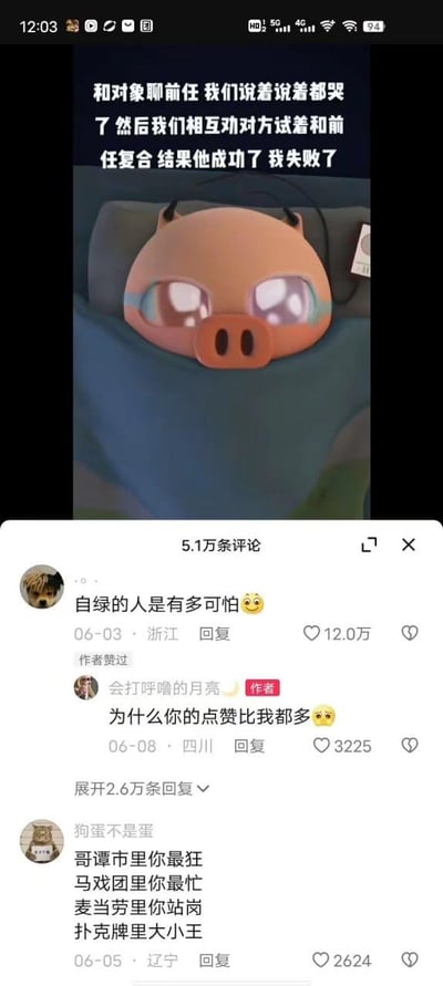 图片为社交媒体截图，上方是一段情感文案：“和对象聊前任 我们说着说着都哭了 然后我们相互劝对方试着和前任复合 结果他成功了我失败了”，下方配有一张戴着粉色猪面具（大眼睛、圆鼻子造型）的人躺在床上的照片。截图底部显示评论区，热门评论包括“自绿的人是有多可怕😉”（获12.0万赞），作者“会打呼噜的月亮”回复“为什么你的点赞比我都多😉”（获3225赞），另有用户“狗蛋不是蛋”用四句押韵评论调侃。整体内容充满戏剧性反转，带有黑色幽默色彩。