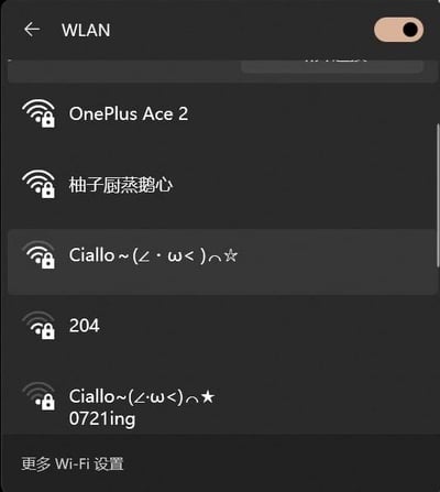 这是一张手机WLAN设置界面的截图，显示了多个Wi-Fi网络名称。其中包括设备型号相关的'OnePlus Ace 2'，带有调侃意味的'柚子厨蒸鹅心'，以及带有可爱颜文字的'Cialle~(∠・ω<)⌒☆'（已选中连接），还有简单数字名称'204'和类似的'Cialle~(∠・ω<)⌒☆ 0721ing'。整体界面为深色模式，顶部有'WLAN'标题和返回箭头，底部有'更多Wi-Fi设置'选项。