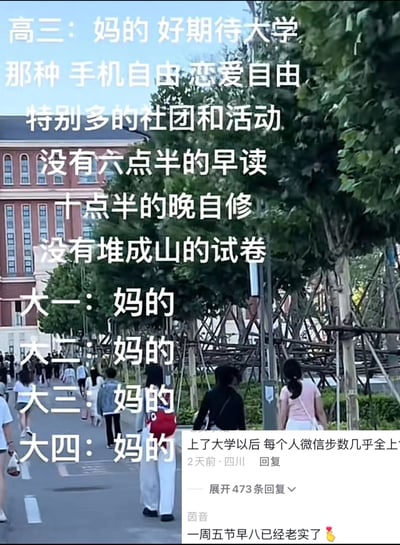 这张图以真实的校园道路场景为背景，通过文字加注的形式，展现了高三学生与大学各年级学生的心态反差。高三学生满怀对大学的美好憧憬，期待着手机自由、恋爱自由，还有丰富的社团活动，渴望摆脱高三六点半早读、十点半晚自修以及堆成山的试卷的繁重学业压力；而大一到大四的学生仅用“妈的”二字，直白地表达出大学和想象中截然不同的无奈与现实感。右下角搭配的社交媒体评论，进一步补充了大学的真实日常：步数增多、一周五节早八，让这种憧憬与现实的反差更加强烈，精准戳中众多学生的校园生活共鸣，是一则充满自嘲和调侃的校园类梗图。