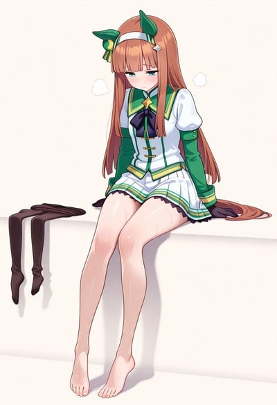 图中是《赛马娘 Pretty Derby》的角色无声铃鹿，她身着赛马娘的绿白配色制服，坐在平台边缘，双腿湿漉漉的，光着脚正晾晒双腿，身旁放着脱下的黑色裤袜。她脸上带着低落、委屈的神情，头顶冒出代表无奈的气团，整体状态显得疲惫又窘迫，像是刚结束赛事或是不小心弄湿了腿。