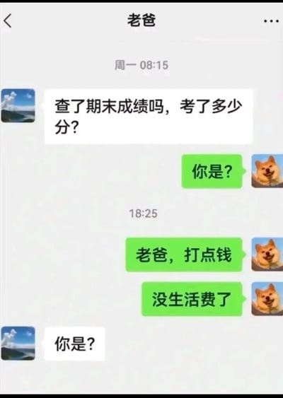 这是一张微信聊天记录截图，对话发生在标注为“老爸”的用户与使用柴犬搞怪表情包的子女之间。周一08:15，老爸率先询问子女期末成绩：“查了期末成绩吗，考了多少分？”，子女为了回避回答成绩问题，先发了一句“你是？”试图蒙混过关；到了18:25，子女直接转口向老爸索要生活费，连发“老爸，打点钱”“没生活费了”两条消息，没想到老爸模仿子女的话术，回复了“你是？”，以此回避打钱的请求。整个对话用互相装不认识的方式，分别回避了自己不想回应的问题，充满了生活化的趣味与亲子间的搞笑互动，精准调侃了当代年轻人面对父母查成绩的逃避心态，以及父母面对子女要钱时的“反向套路”。