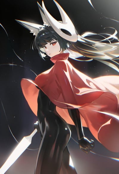 这是一幅AI生成的二次元风格娘化插画，原型为独立游戏《空洞骑士》中的角色大黄蜂。画面中的角色拥有黑色短发与白色兽耳，头戴大黄蜂标志性的白色面具，身穿贴合身形的黑色紧身衣，外搭的红色斗篷在风中肆意飘动，手中握着一柄发光的短刃。角色红瞳冷艳，侧身回头的姿态利落飒爽，背景为深色带细碎星点的画面，强烈的光影效果凸显出角色的酷帅气场，整体风格兼具原作角色的标志性元素与二次元女性的美感。