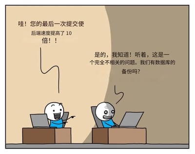 两个卡通风格的程序员坐在办公桌前，左侧程序员兴奋地指着右侧，说：'哇！您的最后一次提交使后端速度提高了10倍！！'右侧程序员则带着一丝狡黠的微笑回应：'是的，我知道！听着，这是一个完全不相关的问题。我们有数据库的备份吗？' 图片通过对比前后端速度提升的成就与被忽略的数据库备份这一关键问题，幽默地讽刺了程序员工作中可能存在的顾此失彼现象。