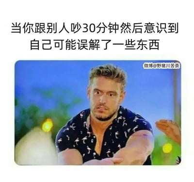这是一张图文结合的搞笑梗图，上方配文“当你跟别人吵30分钟然后意识到自己可能误解了一些东西”，下方是一位男性的影视剧截图，他眼神错愕，身体前倾、手臂伸出，脸上露出震惊又带着懊悔的神情，精准还原了和人激烈争吵后，突然反应过来是自己误解了对方的尴尬、懊恼又手足无措的心情，戳中了很多人都有过的类似经历，容易引发共鸣。