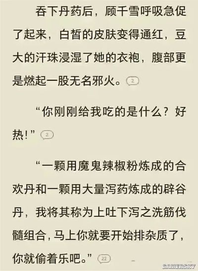 这张图片用段子式的语言将传统武侠小说中的“吞服神秘丹药后的反应”恶搞成服用辣椒粉和泻药的爆笑情节。通过详细而夸张的描写暗讽武侠小说对丹药神效的过度描写，并融合现代网络搞笑元素。

谐音/双关梗说明：
- "丹药"实际被调侃为辣椒粉与泻药的组合，出现“吐下泻之洗筋伐髓组合”这种夸张的伪武侠名词，制造莫名其妙的幽默。
- "排杂质"、"乐呵"则是指强烈的泻药效果，暗含厕纸用量暴增的画面感。
- 文案有武侠与网络恶搞双重风格，明显是二次创作。

