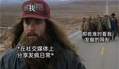 这是一张改编自经典电影《阿甘正传》的搞笑梗图，利用电影中阿甘长跑被大批民众追随的经典场景，结合当下社交媒体的生态进行创作。图中前景的阿甘被标注为“我”，配文“*在社交媒体上分享发疯日常*”，后方追随的人群被标注为“那些准时看我发癫的网友”，生动又幽默地调侃了如今很多人喜欢在社交平台分享自己的“发疯”“搞怪”日常，还有不少网友会准时围观这类内容的有趣现象，精准戳中了当下社交媒体里的一种轻松互动氛围。