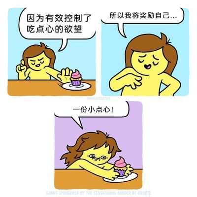 这是一则三格连环卡通漫画，第一格中，黄皮肤卡通女孩对着面前的纸杯蛋糕，一手比出拒绝的手势，表情坚定，配文“因为有效控制了吃点心的欲望”；第二格中女孩姿态放松，表情得意，配文“所以我将奖励自己...”；第三格中女孩扑到桌前，双手抱住纸杯蛋糕，表情满足又带着狡黠，配文“一份小点心！”。漫画通过反转的逻辑，用自欺欺人的方式满足自己吃点心的想法，精准戳中了人们在克制欲望时容易陷入的自我说服的搞笑心态，充满讽刺与趣味。