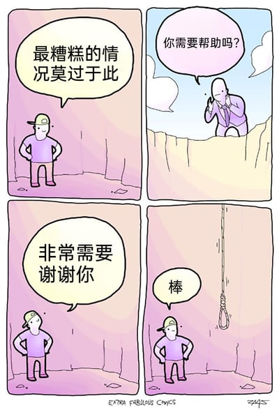 这是一幅四格连环卡通漫画，以黑色幽默的方式展开情节：第一格，一位戴帽子、穿紫色上衣的男子被困在坑底，双手叉腰，无奈地感慨“最糟糕的情况莫过于此”；第二格，坑边出现一位穿西装的男子，他弯腰向坑底喊话，询问男子“你需要帮助吗？”；第三格，坑底的男子立刻回应“非常需要 谢谢你”，满含对获救的期待；第四格，坑边的男子放下的却是一根绞索，坑底的男子只能用反讽的语气说“棒”，形成强烈的反差，讽刺了那些看似提供帮助，实则让处境变得更糟的行为。