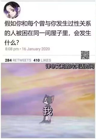 这是一张社交媒体截图风格的梗图，上方是一个假设性问题："假如你和每个曾与你发生过性关系的人被困在同一间屋子里，会发生什么?"，下方是《猫和老鼠》中的汤姆猫独自站在空旷的渐变色彩天空下，图片中间有"我"字标注。这张图通过将问题与汤姆独自站立的画面结合，形成了一个自嘲式笑话，暗示回答者没有性伴侣，所以房间里只有自己一个人。