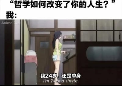 这张梗图的上方有一则提问：“哲学如何改变了你的人生？”，下方配图是一位动漫女性角色站在厨房，同时有字幕：“我24岁，还是单身”。图中“我”用幽默的方式展现出学习哲学并没有带来实际生活上的‘脱单’改变，反而凸显了一种无奈和自嘲。

该梗图属于典型的“人生提问与现实对比”反差型段子，暗含着哲学并未让现实变得更好，反而还带来了孤独和无助的调侃意味。存在明显的自黑、自嘲，以及“宅文化”特有的搞笑孤独气氛。

双关/谐音梗提示：用“改变人生”与“其实没有任何实质变化”之间形成强烈反差，属于典型的网络自嘲。