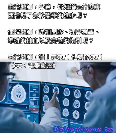 这张梗图分为上下两部分，上半部分是文字对话，下半部分是图片。文字内容显示主治医师问住院医师："你知道是什么东西造就了急诊医学的进步吗？"住院医师回答："详细问诊、理学检查、准确的抽血以及完善的指引吗？"主治医师则反驳："错！是CT！他妈的CT！"并在下方标注"(CT：电脑断层)"。图片部分显示两位穿着白大褂的医生正在查看电脑屏幕上的脑部CT扫描图像，其中一位医生用手指着屏幕上的影像。