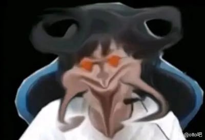 图片中是一个夸张扭曲的卡通角色，头部有两个对称的黑色弯曲结构，面部五官变形，双眼呈发光的橙红色，下巴尖长且两侧有下垂的肉状结构，身穿白色上衣，背景为纯黑色。整体风格诡异又带有搞笑感，常用于社交媒体调侃。
