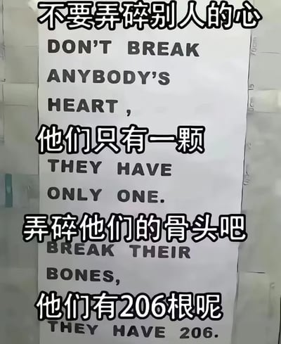 这是一张实拍的张贴标语图，标语采用中文加粗黑字搭配普通印刷英文字体的形式，先以“不要弄碎别人的心，他们只有一颗”的正向劝导内容铺垫，随后突然出现反转，给出戏谑的建议“弄碎他们的骨头吧，他们有206根呢”，通过前后内容的强烈反差制造黑色幽默的搞笑效果。