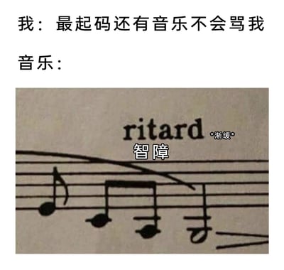 这是一张充满自嘲趣味的音乐梗图，上方文字“我：最起码还有音乐不会骂我”传递出创作者想在音乐中寻求情绪慰藉的心态；下方是一段乐谱截图，乐谱上的音乐术语“ritard”本是演奏时渐缓的意思，网友利用其发音与中文“智障”相近的特点，在术语下方加注“智障”文字，搭配右上角标注的“*渐缓*”，制造出“音乐也在‘嘲讽’自己”的反差搞笑效果，用谐音梗和自嘲的方式，调侃自身的失意或低落情绪，十分贴合年轻人的网络表达风格。