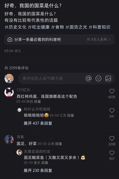 这是一张竖屏格式的社交媒体平台截图，发布于2024年5月4日浙江，用户发起话题讨论“好奇，我国的国菜是什么？”，并附带#历史文化 #吃出健康 #食物 #国货之光 #科普知识等话题标签，页面显示共有2099条评论。评论区中，用户“133亿元”的评论以幽默的角度提名西红柿炒蛋为国菜，理由是其配色与国旗一致，获得6535个赞，成为高赞评论；另有用户玩网络梗，将国足调侃为“好菜”，并衍生出“国足酸菜鱼（又酸又菜又多余）”的搞笑说法，整体评论区氛围轻松诙谐，结合了饮食文化讨论与网络热点玩梗。