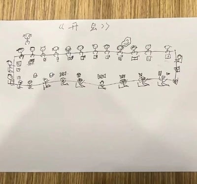 这是一张手绘在白纸上的简笔画，标题为《开会》，位于画面顶部中央。画面中有两排用简单线条勾勒的火柴人，上排人物数量较多，部分人物手中似乎持有物品（如方块状物体，可能代表笔记本电脑或文件），姿态各异；下排人物数量稍少，同样以火柴人形式呈现，部分人物呈现坐姿或不同动作。整体画风稚拙可爱，像是随手绘制的场景，幽默地再现了会议中多人参与的常见情景，线条简单却生动地传达出会议的氛围。
