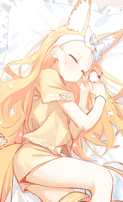 An anime-style illustration of a young girl with fox ears and tail sleeping peacefully on a bed. She has long blonde hair, wears a yellow outfit with a bow on the sleeve, and holds a small bird in her hands while lying on her side. The background features a white bed with blue patterns, and the girl has a peaceful expression with closed eyes and slight blush on her cheeks.
