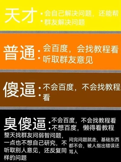 这是一张纯文字的网络吐槽图，通过黄、橙、棕、黑四个从上到下的彩色区块，将网络社群中的人群按照解决问题的能力与行为模式划分成四个等级，语言直白且带有攻击性：最上方黄色区块定义的“天才”是能自主解决问题还能帮助他人的群体；橙色区块的“普通”群体具备自主查找资料、听取他人意见解决问题的能力；棕色区块的“傻逼”群体缺乏自主查找资料的意识；最下方黑色区块的“臭傻逼”则是被重点吐槽的对象，这类群体不仅没有自主解决问题的意愿，还会不断消耗社群资源，被指出问题后还会攻击他人。整张图用尖锐的语言调侃了社群中不同成员的行为，吐槽了那些不愿自主学习、只索取不付出的社群成员，常被用于社群中隐性规范成员行为。