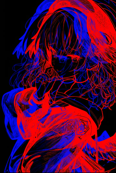 这是一张采用强烈红蓝撞色风格的线稿类插画，画面主体是一位有着凌乱卷发的动漫少女，她的半张脸被发丝遮挡，露出的眼眸带着沉静的气质，身着带有徽章的制服类服饰，纯黑背景进一步凸显出红蓝线条的视觉冲击力，整体风格冷峻又富有个性。图中没有双关、谐音梗或暗示类内容。