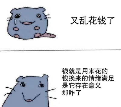 这是一张上下两格的连环卡通图，主角是一只蓝色的仓鼠形象。上半部分中，仓鼠带着心虚的表情，眼睛向下看，嘴角微微上扬却带着一丝愧疚，旁边配文“又乱花钱了”，表现出花钱后的懊悔情绪。下半部分中，仓鼠表情变得理直气壮，眼神坚定，配文“钱就是用来花的 钱换来的情绪满足是它存在意义 那咋了”，形成了从愧疚到自我安慰、为消费行为辩解的有趣转变。整图通过可爱的卡通形象和幽默的文字对比，展现了现代人对消费行为的矛盾心理和自我合理化的过程。