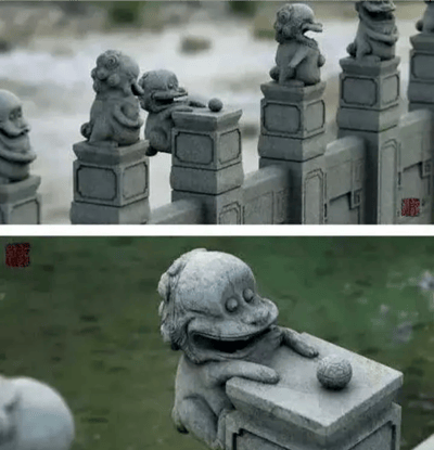 图片分为上下两部分，均展示了中国传统建筑中栏杆上的石狮子雕像。上半部分呈现一排石狮子，它们姿态各异：有的俯身探头，似乎在和旁边的同伴互动；有的前爪抱着绣球，神情专注。下半部分是其中一只石狮子的特写，它趴卧在方形柱头上，嘴巴微张，表情放松，前爪轻轻搭在绣球上，整体造型生动有趣，打破了传统石雕的严肃感，显得十分可爱。