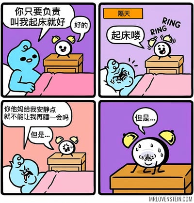 这是一个四格漫画，展示了一个蓝色角色和拟人化闹钟之间关于起床的幽默互动。第一格：蓝色角色躺在床上对床头柜上的闹钟说“你只要负责叫我起床就好”，闹钟微笑着回答“好的”。第二格：隔天，闹钟大声响铃“RING RING”并喊“起床喽”，而蓝色角色被惊醒，表情痛苦。第三格：蓝色角色愤怒地对闹钟大喊“你他妈给我安静点 就不能让我再睡一会吗”，闹钟看起来很担忧，小声说“但是...”。第四格：特写闹钟，它满头大汗，继续说着“但是...”，表情十分为难。
