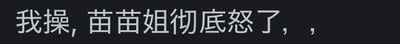 这是一张深色纯色背景的纯文字图，图中使用白色简体中文呈现内容：“我操，苗苗姐彻底怒了，，”。开头的口语化粗口搭配末尾的两个重复逗号，强烈烘托出名为“苗苗姐”的人物情绪彻底爆发的状态，文字直白传递出愤怒的情绪，没有双关、谐音梗或暗示类内容。