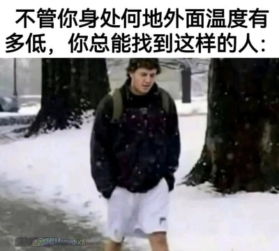 这是一张充满生活趣味的图文梗图，上方配文“不管你身处何地外面温度有多低，你总能找到这样的人：”为画面做了铺垫。下方实拍画面展示了寒冷的雪天户外场景，地面与树木都覆盖着积雪，环境温度明显很低，而一名男子却穿着厚实的深色保暖外套，搭配一条轻薄的白色短裤，双手插在衣兜中行走，这种严寒天气与清凉下装的强烈反差，精准调侃了现实中那些在低温天气里依然坚持穿短裤的硬核人群，充满了幽默感与共鸣感。