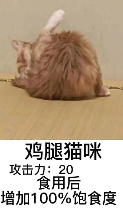 这是一张利用视觉错位制作的搞笑梗图，画面主体是一只趴在平面上的猫咪，它抬起的后腿和身体的角度恰好形成了类似炸鸡腿的视觉效果，因此被调侃为“鸡腿猫咪”。图中下方添加了模仿RPG游戏中食物道具的说明文字：“攻击力：20，食用后增加100%饱食度”，将原本可爱的宠物猫咪戏称为可以食用的游戏道具，通过这种角色反差和趣味错位的结合，制造出荒诞又诙谐的笑点，适合作为趣味表情包或社交分享内容，传递轻松搞笑的氛围。