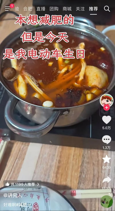图片展示了一锅正在加热的红油火锅，锅内有蘑菇、胡萝卜、豆腐等食材。图片上方用红色大字写着‘本想减肥的 但是今天是我电动车生日’，以幽默的借口合理化吃火锅的行为。截图来自社交媒体平台，界面显示有‘合肥’、‘直播’、‘团购’等导航栏，右侧有点赞（5.0万）、评论（1.3万）、分享（17.3万）等互动数据，底部有作者账号‘@讲究人心有’及配文‘好难啊减肥[流泪]’。
