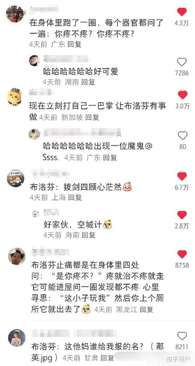 这是一屏关于布洛芬止痛药的评论区神评截图，各地网友用夸张和幽默的方式，形象化、拟人化描述布洛芬在身体里“跑一圈问器官”的过程，好玩又接地气。不仅有脑洞吐槽如“空城计”、“布洛芬拔剑四顾心茫然”，还有自嘲式段子“这谁给我报的名？”整体气氛轻松搞笑、充满网络流行文化。

本图包含较多拟人、双关与网络流行梗，用形象化语言表达普通人吃止痛药的不确定感与幽默困境，适合好友、健康话题和娱乐场合转发。