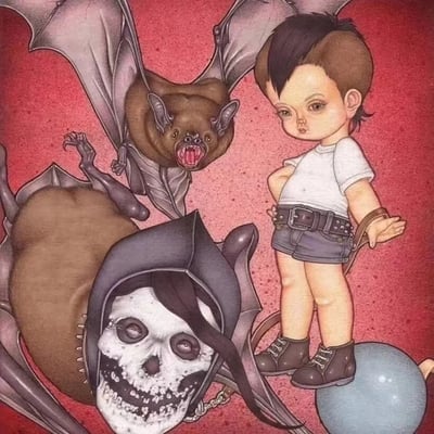 这幅插画以深红色为背景，展现了一个独特的哥特式奇幻场景。画面中有三个主要元素：一个表情严肃的孩童，穿着白色T恤、深色短裤和靴子；一只展翅的凶猛蝙蝠，露出尖牙；以及一个戴着兜帽、带有锁链装饰的骷髅形象。整体风格融合了可爱与暗黑元素，形成鲜明对比。