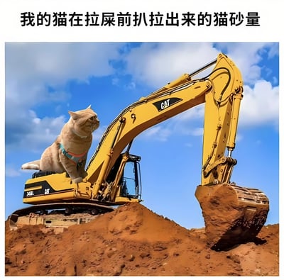 图片展示了一只猫坐在大型黄色CAT挖掘机上，挖掘机铲斗中装满了泥土，背景是蓝天白云。图片上方配有文字“我的猫在拉屎前扒拉出来的猫砂量”，通过夸张的手法将猫咪如厕前扒猫砂的行为幽默地比喻成使用挖掘机进行大规模作业，形成强烈的反差萌效果。