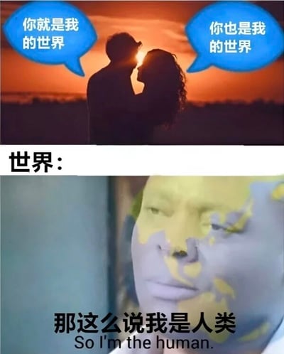 图片上半部分为日落时分的浪漫场景，一对情侣剪影相拥接吻，两人分别通过蓝色对白气泡说“你就是我的世界”和“你也是我的世界”。下半部分则是一张人脸特写，面部被世界地图图案覆盖，下方配有文字“世界：那这么说我是人类 So I'm the human.”。该梗图通过将情侣间“对方是自己的世界”这一浪漫表达，与“世界”拟人化后产生的逻辑困惑相结合，形成幽默反差效果，属于典型的文字游戏类搞笑内容。