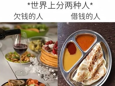图片上方配有文字“*世界上分两种人* 欠钱的人 借钱的人”，采用左右对比的构图方式。左侧画面展示了一桌丰盛的餐点，有正在被倒入高脚杯的红酒、多层蛋糕、沙拉和各种精致菜肴，象征“欠钱的人”过着富足的生活；右侧则是一个金属餐盘，里面放着简单的卷饼和三小格酱料，代表“借钱的人”生活较为朴素。通过饮食场景的强烈反差，幽默地调侃了现实中欠债者与债主生活状态的差异。