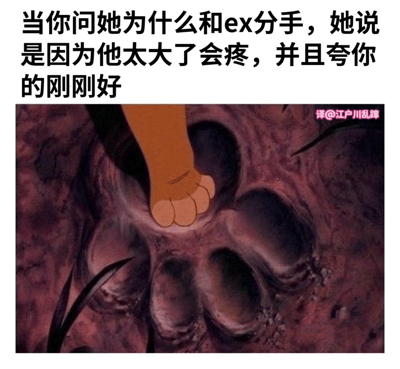 这张梗图上方是文字内容：'当你问她为什么和ex分手，她说因为他太大了会疼，并且夸你的刚刚好'，下方是一张动画截图，展示了一只脚完美契合地踩进一个脚印中的场景。图片使用了双关语的修辞手法，文字表面讲述情感关系中关于尺寸的调侃，而配图则从字面意义上展示了'刚刚好'的尺寸匹配，形成幽默效果。