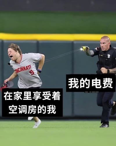 这张梗图展示了一个穿着辛辛那提棒球服的人被一名持电击枪的安保人员追逐的场景。左侧文字写着“在家里享受着空调房的我”，右侧文字写着“我的电费”，幽默地表达了人们在夏天使用空调时，既想享受凉爽又担心高额电费的矛盾与焦虑心理。