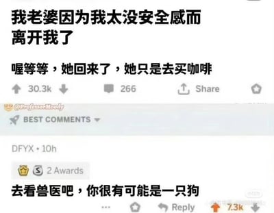 这是一张社交媒体截图，内容为一个帖子和其热门评论。帖子正文分两行：第一行写“我老婆因为我太没安全感而离开我了”，营造出悲伤氛围；第二行转折“喔等等，她回来了，她只是去买咖啡”，形成幽默反差。帖子下方显示有30.3k点赞、266条评论，发布者为@ProfessorMoody。热门评论由用户DFYX发布，内容为“去看兽医吧，你很有可能是一只狗”，调侃发帖人过度缺乏安全感的行为类似宠物狗的分离焦虑，进一步增强了搞笑效果。