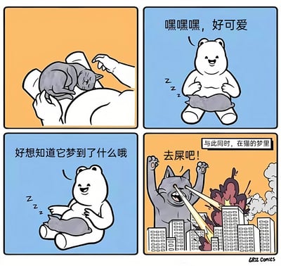 四格漫画描绘了一只灰色猫咪在人类手中熟睡，被白色熊形角色抱着并感叹"嘿嘿嘿，好可爱"。熊角色好奇猫咪的梦境，而画面切换到猫的梦境中，猫咪正愤怒地发射激光眼摧毁城市，并大喊"去屎吧!"。这种现实中的可爱猫咪与梦中的毁灭者形象形成鲜明反差，制造出幽默效果。