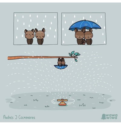 这幅漫画是充满治愈感的多格小故事，分为三个部分：上方左侧小图里，两只小松鼠站在窗边，被雨水淋着，神情低落；上方右侧小图中，它们撑着蓝色雨伞，脸上露出开心的表情；下方的主画面里，两只小松鼠倒挂在一根带树叶的树枝下，把蓝色雨伞反过来当成遮雨的棚子，为下方水洼里的小陀螺挡住雨水，整个画面用可爱的卡通画风，通过小动物的暖心举动传递出温柔的善意，充满童趣与治愈感。
