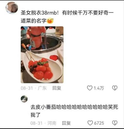 这是一张竖屏社交平台的用户分享截图，上方是广东用户发布的动态：配文「圣女脱衣38rmb！有时候千万不要好奇一道菜的名字😱」，并附上了一盘菜品的实拍图，菜品是摆盘精致的去皮小番茄；下方是河南用户的高赞评论「去皮小番茄哈哈哈哈哈哈哈哈哈哈笑死我了」。
梗点说明：用「圣女脱衣」这个听起来十分猎奇的菜名，对应实际的去皮圣女果（小番茄），形成强烈的预期反差，制造出搞笑的效果。