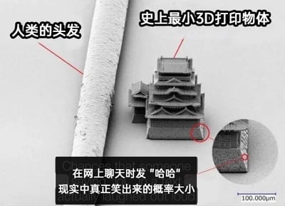 这是一张趣味图文梗图，画面左侧是人类的头发，右侧是被标注为“史上最小3D打印物体”的微型日式城堡，两者形成强烈的大小对比，以此类比下方文字所描述的“在网上聊天时发‘哈哈’现实中真正笑出来的概率”，用微型城堡相对于头发的极小比例，直观地表现出这个概率极低的特点，调侃了网络社交中很多时候发“哈哈”只是礼貌性回复、并非真的感到好笑的常见现象。右下角的“100.000μm”标注进一步强调了这个3D打印物体的微小程度，让这个类比更具说服力。