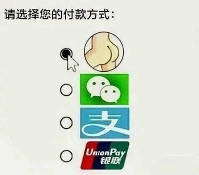 图片模拟了一个付款方式选择界面，顶部文字为“请选择您的付款方式：”。界面中包含四个选项，前三个为常见支付方式：绿色背景的微信支付图标（两个对话气泡图案）、蓝色背景的支付宝图标（“支”字标志）、红蓝色背景的银联图标（UnionPay字样），每个选项前均有圆形单选框。最上方的选项则被恶搞替换：单选框旁有一个黑色圆形图案（类似黑洞），并有鼠标指针点击该图案，其上方配有一个膝盖的特写图片，形成与正常支付方式的荒诞对比，通过这种反差制造幽默效果。