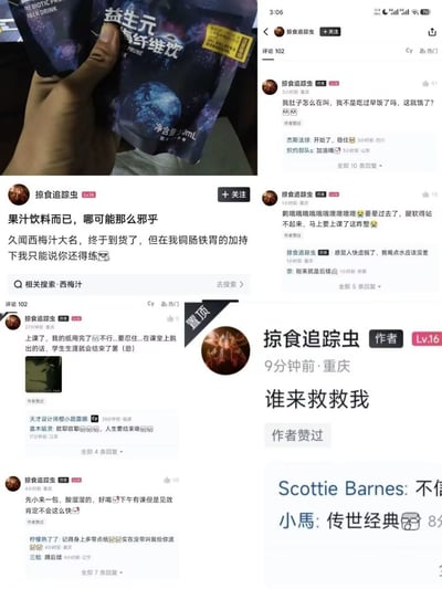 社交媒体用户‘掠食追踪虫’分享的西梅汁体验合集：首图为手持‘益生元膳食纤维饮’包装的照片，配文‘果汁饮料而已，哪可能那么邪乎...铜肠铁胃加持下你还练’。后续 posts 记录‘肚子叫’‘上课纸用完要忍住’等尴尬状况，评论区网友调侃‘开始了稳住’‘腿软站不起来’，作者最终发出‘谁来救救我’的哀嚎，整体充满搞笑又无奈的生活气息。