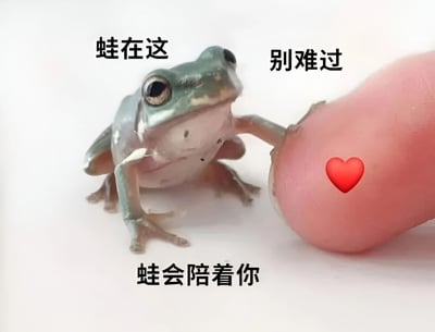 图片中一只绿色小青蛙睁着大眼睛，站在白色背景上，用一只前腿轻轻触碰着人的拇指。拇指上有一个红色爱心emoji。青蛙周围配有三行文字：左上角写着“蛙在这”，右上角写着“别难过”，底部中间写着“蛙会陪着你”。整体画面温馨治愈，通过可爱的青蛙形象和安慰性文字传递陪伴与鼓励的情感。